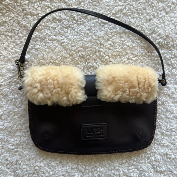 UGG Shearling Leather Clutch Shoulder Bag Brown 8inx5.5in Cozy Mini Purse - Picture 2 of 5